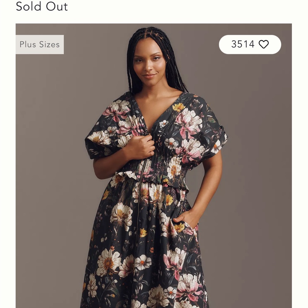 By Anthropologie V-Neck Zip-Front Midi Dress L Large Midi Floral Black Dress